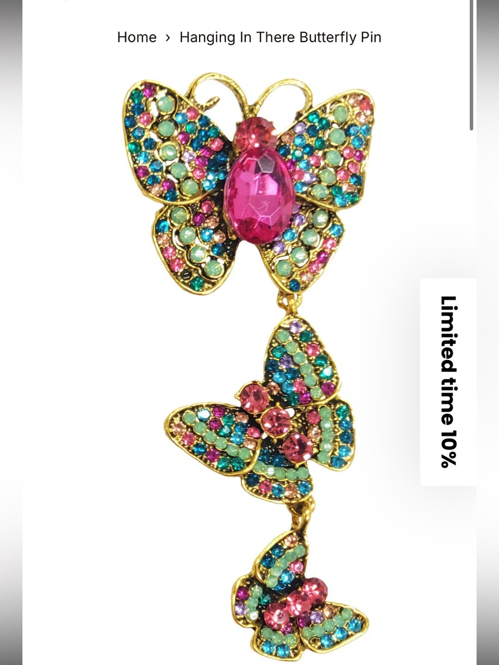 New Aratta Silent Journey- Hanging in There Butterfly Pin- Multi- Colored